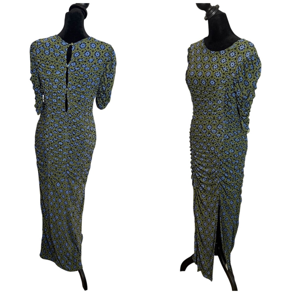 Free People Briella Ruched Midi Dress Size M Green Mesh Floral Split Bodycon